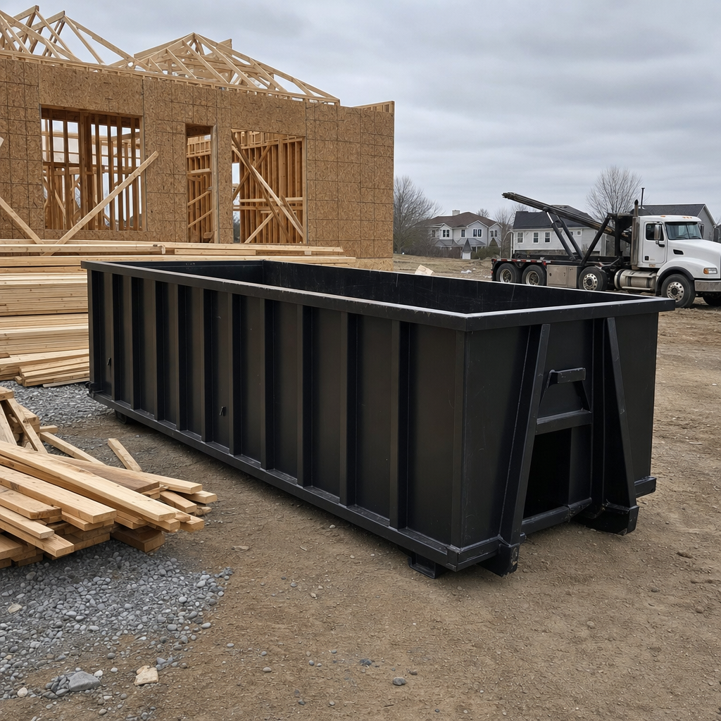 Matte-black 40-yard roll-off dumpster staged on a framed-out residential construction site in Peyton, framing lumber stacked nearby, hooklift delivery truck visible in the background under bright Colorado daylight