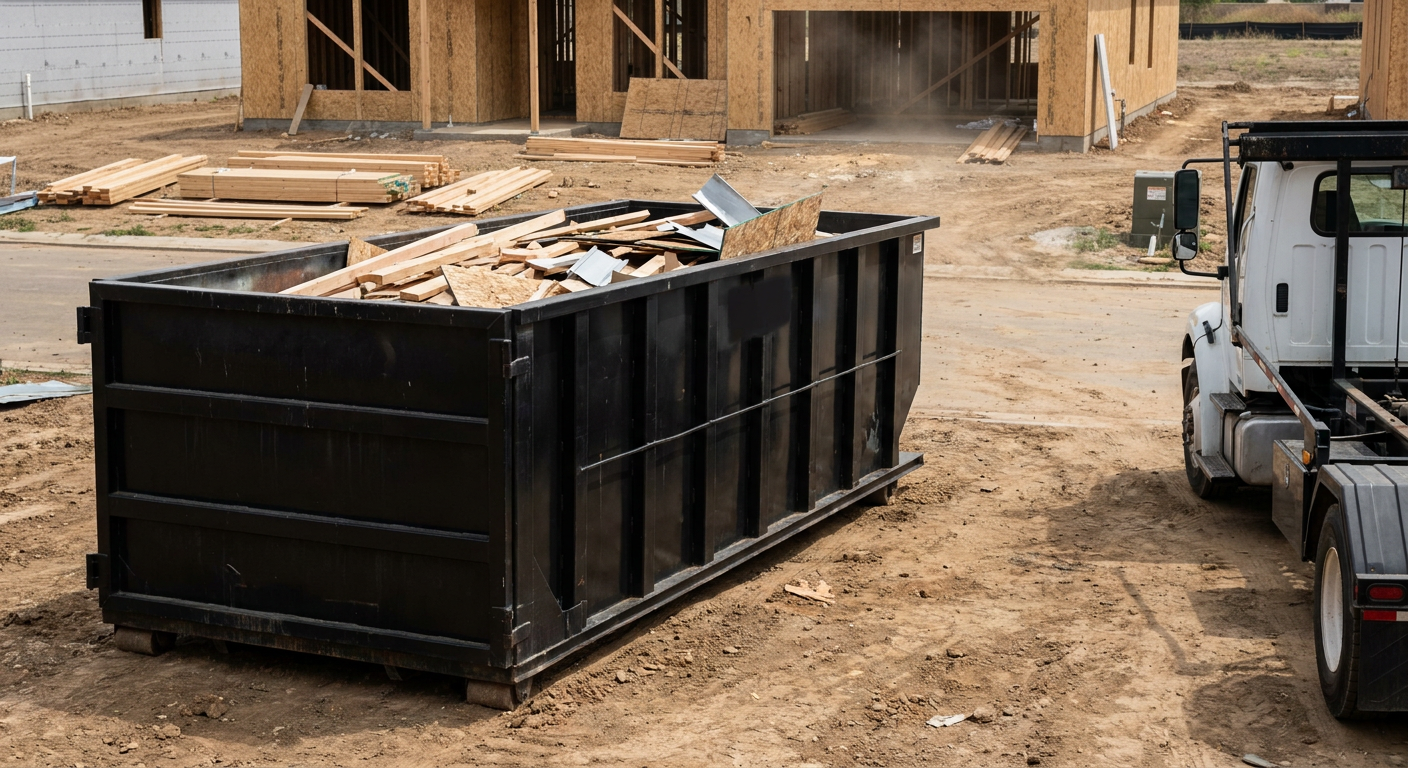 Matte-black 20-yard roll-off construction dumpster with heavy ribbed steel sidewalls and swing rear doors at a working jobsite in Peyton, sitting directly on compacted dirt with an unmarked white hauler partially visible at the far edge of the frame.