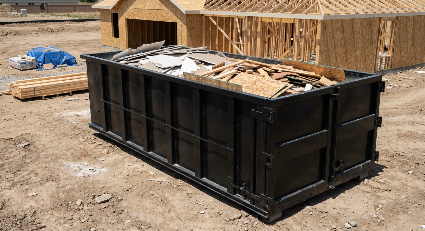 Matte-black 30-yard roll-off construction dumpster sitting directly on the compacted-dirt site of a framed single-family home build in Peyton, drywall and lumber scrap loaded inside.