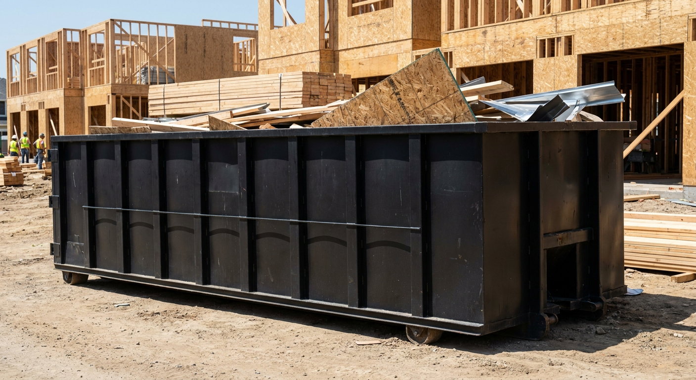 Matte-black 40-yard roll-off construction dumpster being lowered from a white-cab hooklift delivery truck onto the compacted-dirt jobsite at a commercial build site in Peyton