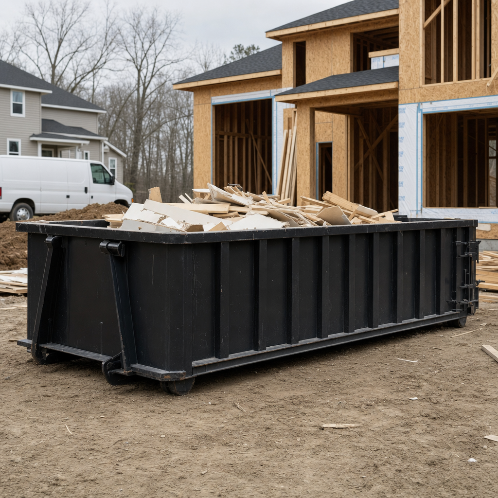 Worker in a yellow high-visibility vest tossing framing lumber and broken drywall into a matte-black 30-yard construction roll-off dumpster on an active build site in Peyton, bright daylight