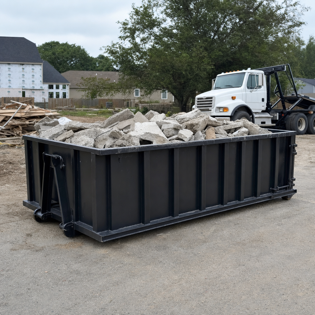 Low-profile matte-black lowboy roll-off dumpster loaded with broken concrete slab and rebar at a foundation tear-out in Peyton, skid steer parked beside it, sunny Colorado morning