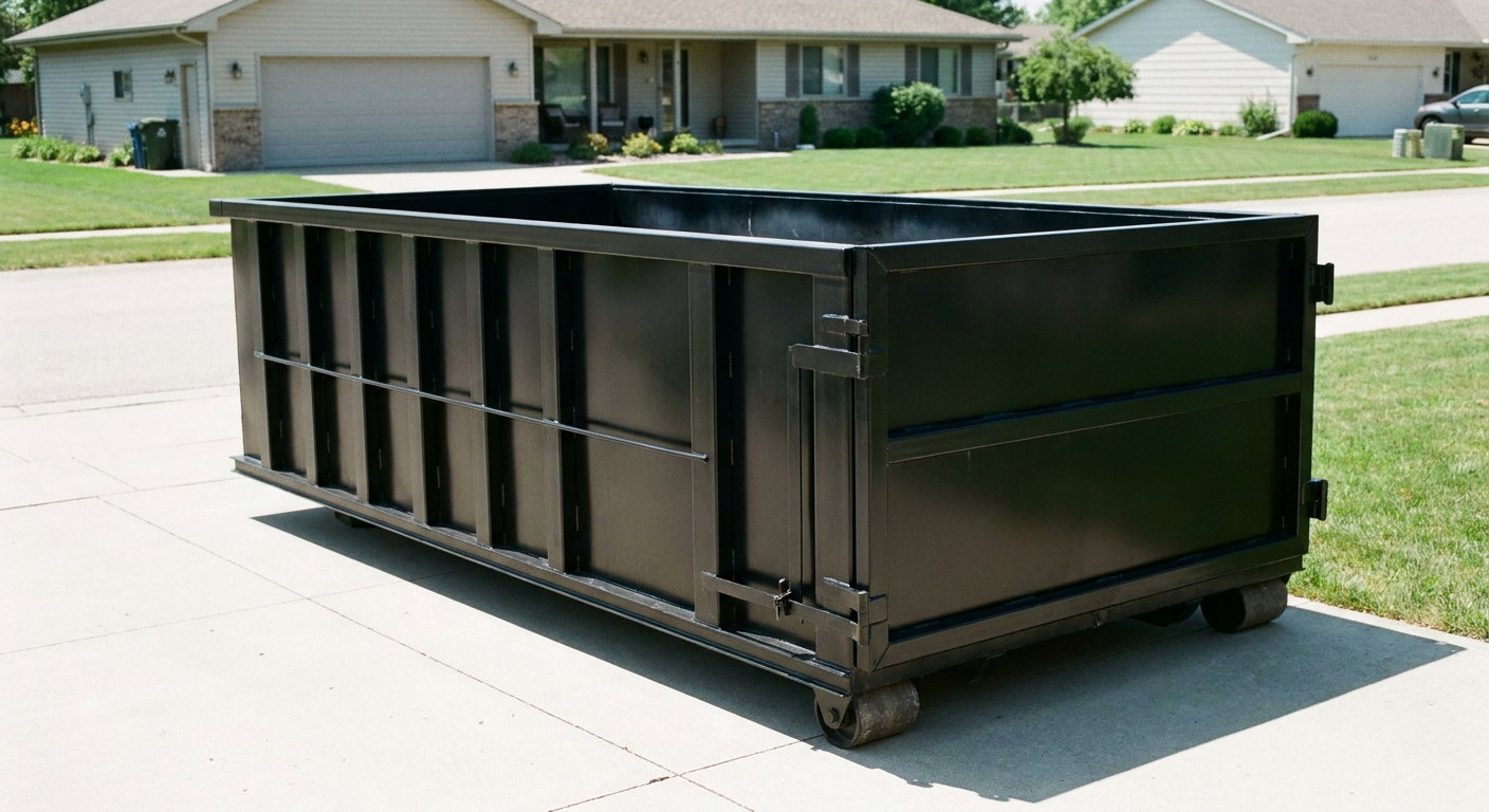Matte-black 10-yard roll-off dumpster on a residential concrete driveway in Peyton, uniformly painted matte black across every panel and rail, ribbed steel sidewalls and rear swing door visible, mid-day daylight.