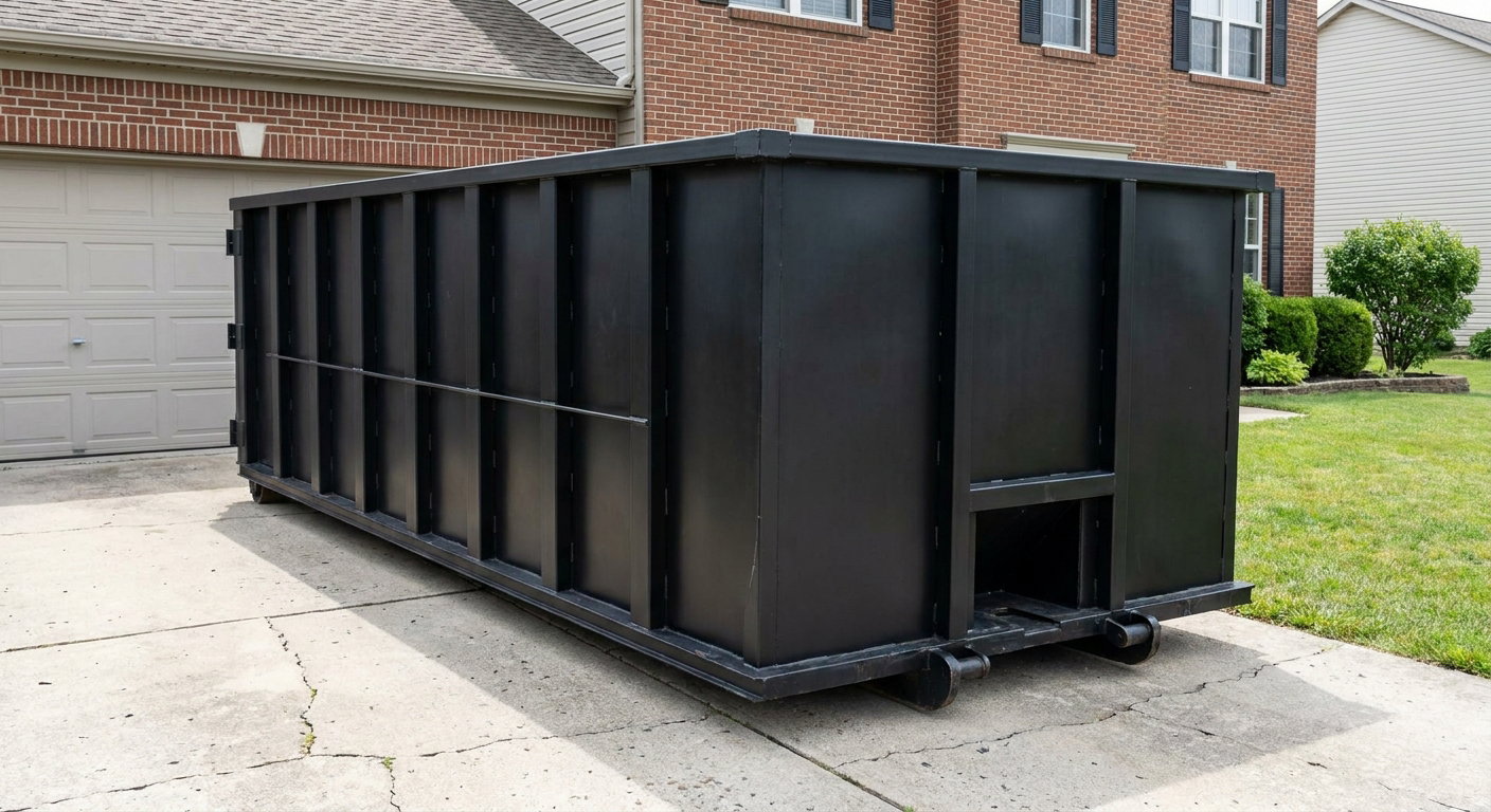 Matte-black 20-yard roll-off container on a Peyton residential concrete driveway with reinforced ribbed steel sidewalls and a hinged rear walk-in door, clean bright daylight.