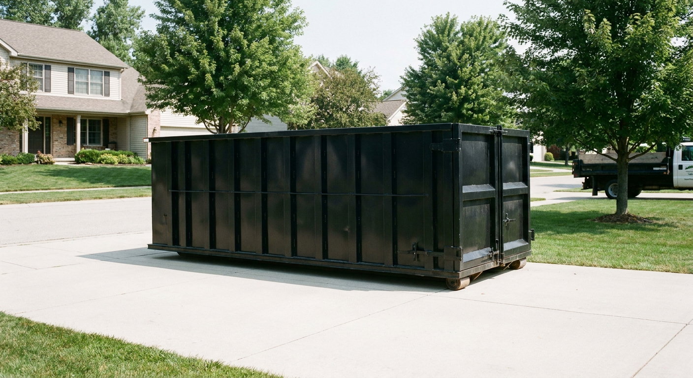 Matte-black 20-yard roll-off dumpster sitting level on a clean Peyton residential concrete driveway under bright daylight, demonstrating clean placement directly on the concrete.