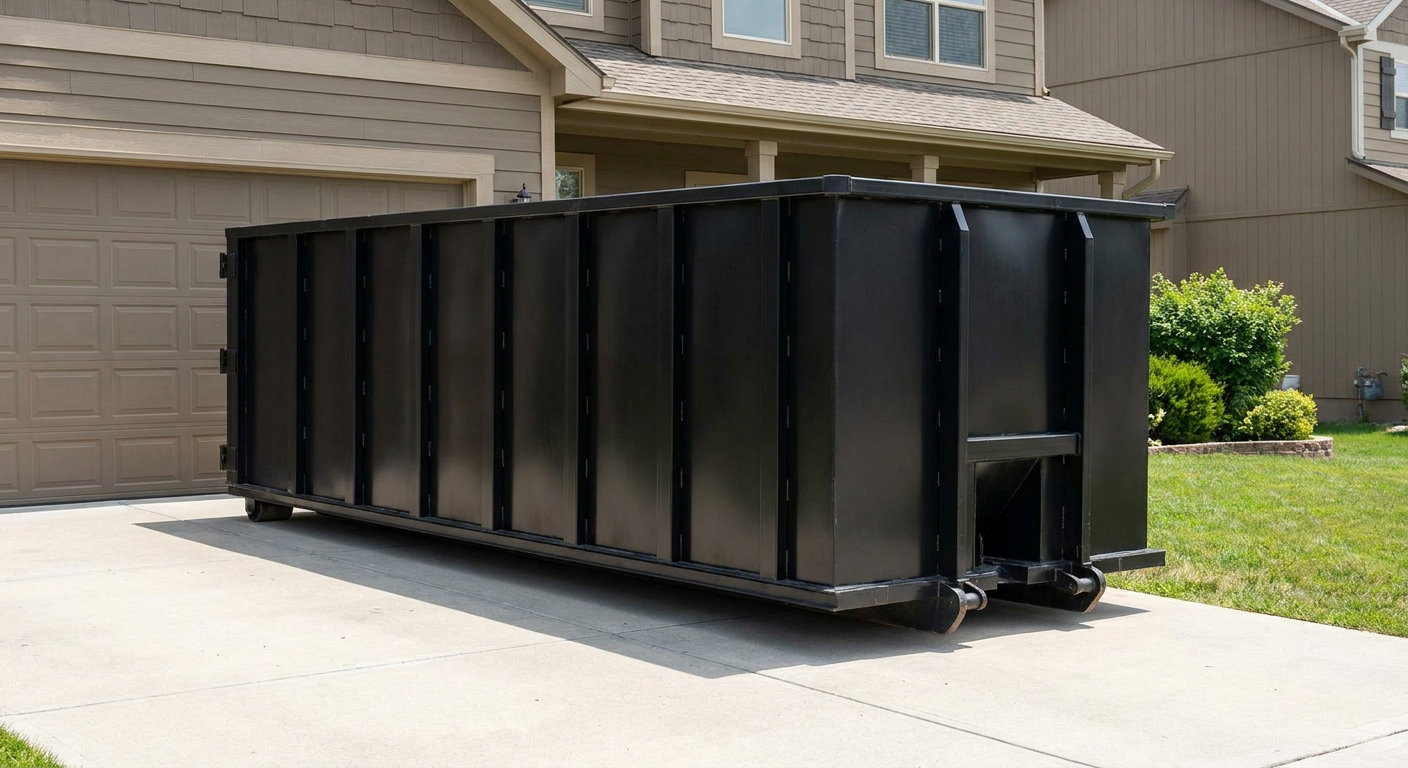 Matte-black residential roll-off dumpster sitting directly on a suburban Peyton concrete driveway, garage door closed, single-family home in background, bright morning daylight.