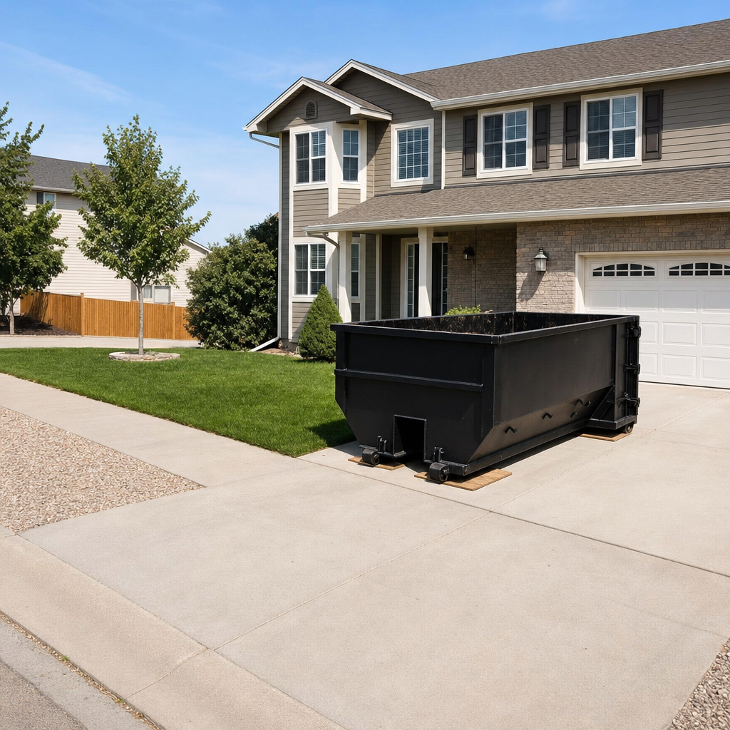 10-yard matte-black residential dumpster placed directly on a narrow Peyton concrete driveway, room remains for a parked sedan beside it, mid-morning natural light