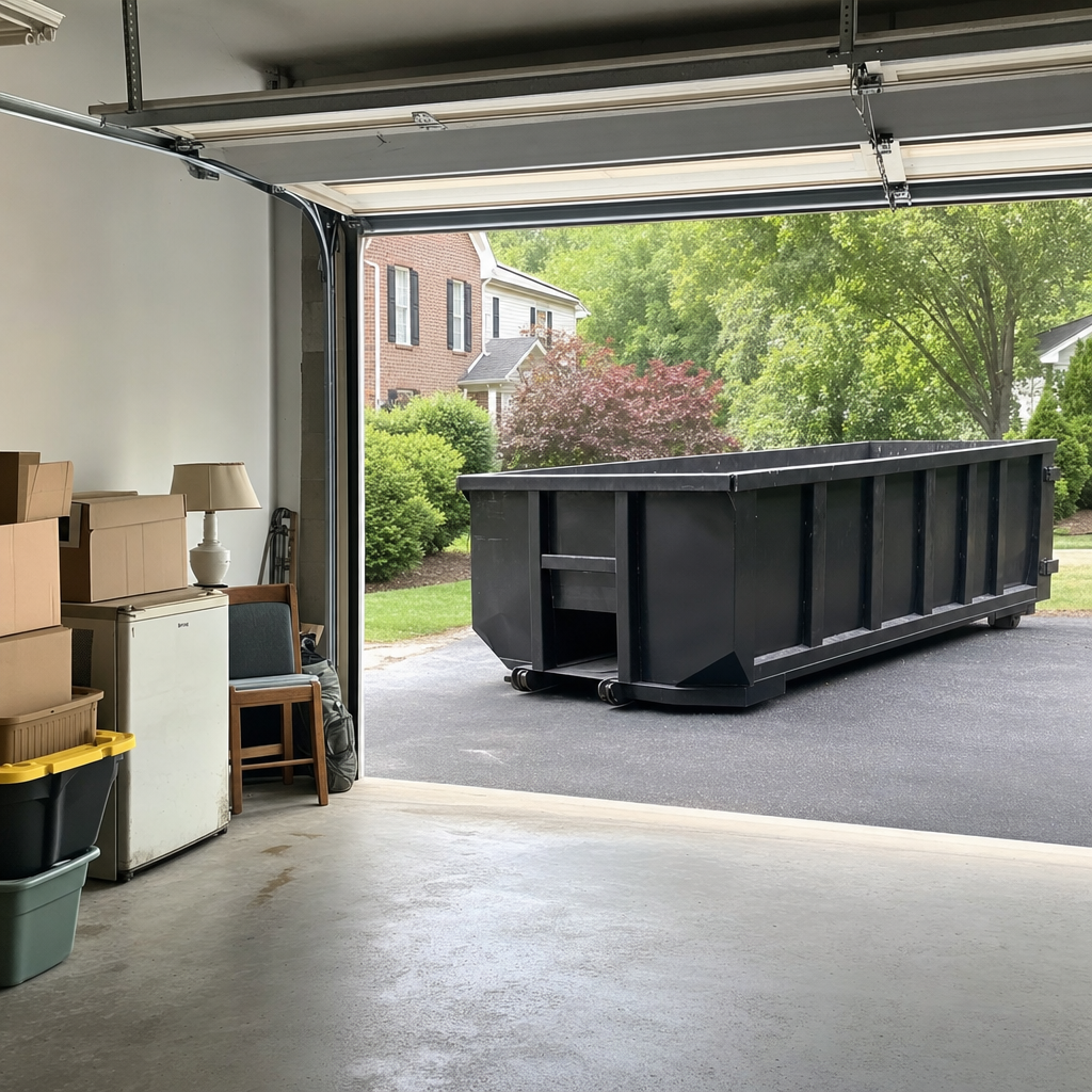 Open garage interior in a Peyton home mid-cleanout — boxed items, an old appliance, and stacked yard tools queued near the driveway for a matte-black roll-off dumpster, organized and calm