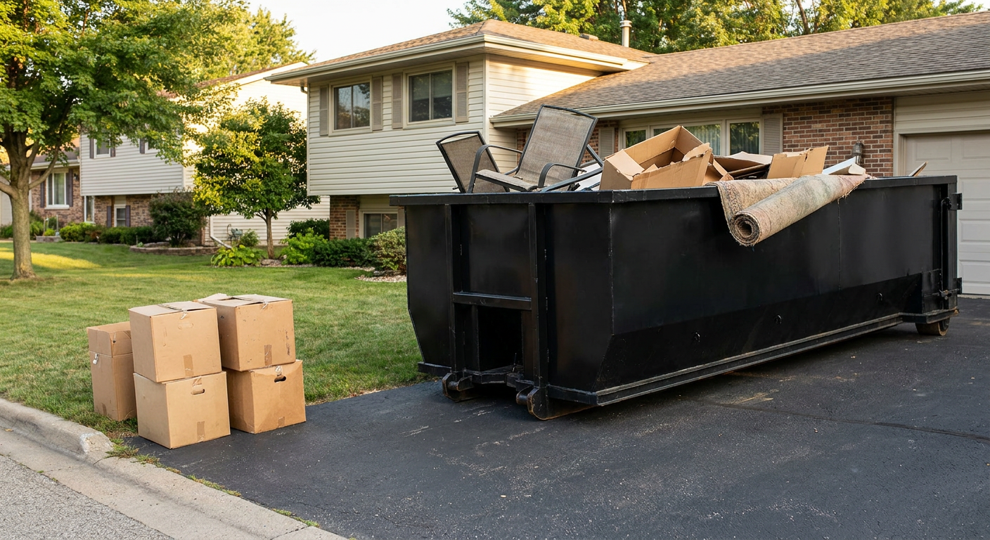 Front-yard view of a Peyton split-level home with a 20-yard matte-black roll-off dumpster sitting directly on the asphalt driveway, a few clearly labeled donation boxes staged at the curb, calm sunny afternoon.