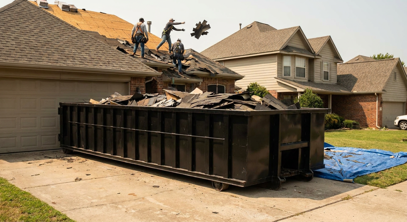 Matte-black roofing roll-off dumpster placed directly on a Peyton residential concrete driveway, a tear-off crew on a two-story asphalt-shingle roof tossing shingle bundles into the low-walled container, bright daylight, documentary 35mm perspective.