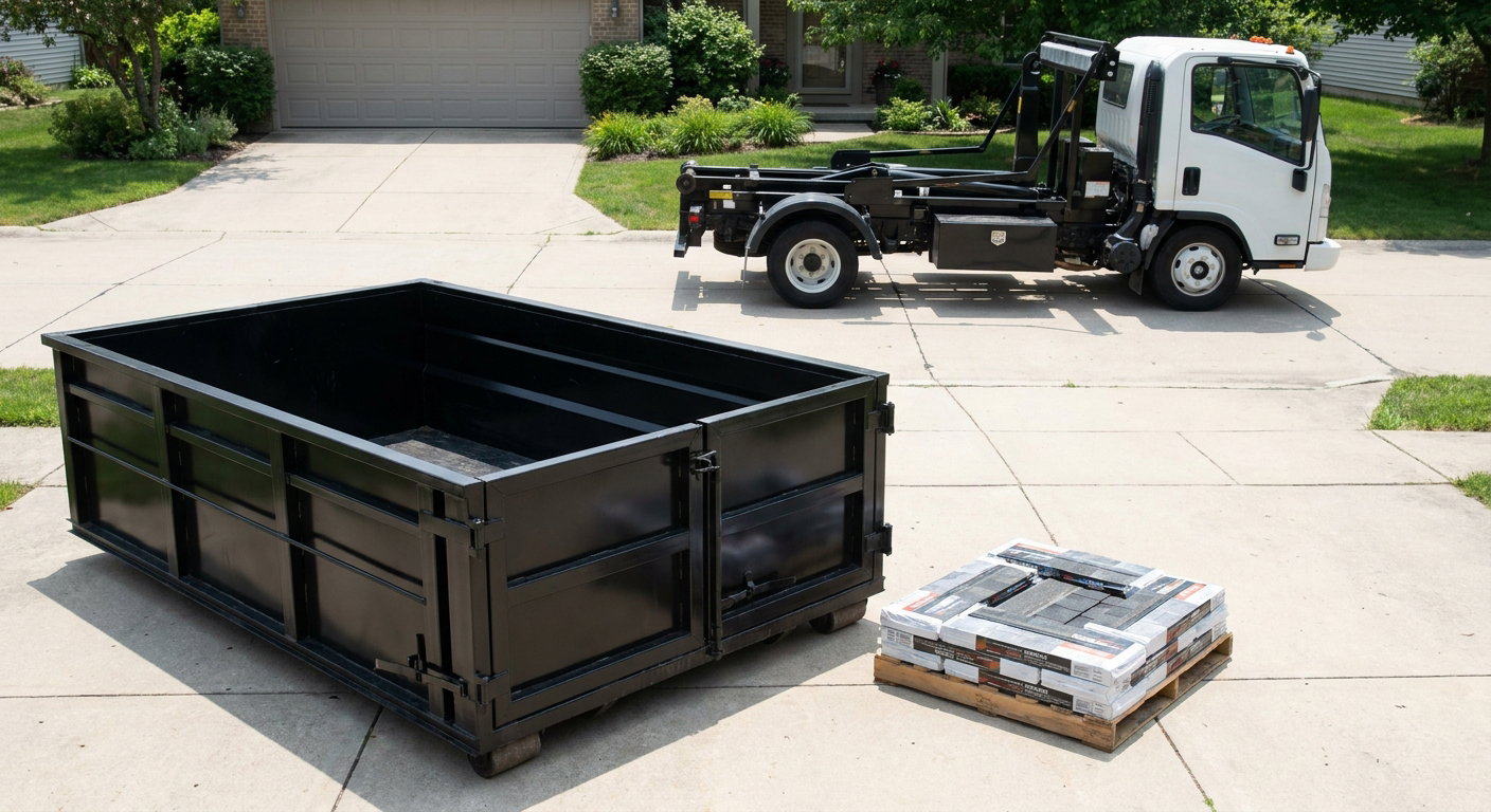 Matte-black 15-yard roofing roll-off dumpster with reinforced low side walls sitting directly on a Peyton residential concrete driveway, three-tab asphalt shingle bundles stacked nearby, an unmarked white hauler truck partially visible at the edge of the frame.