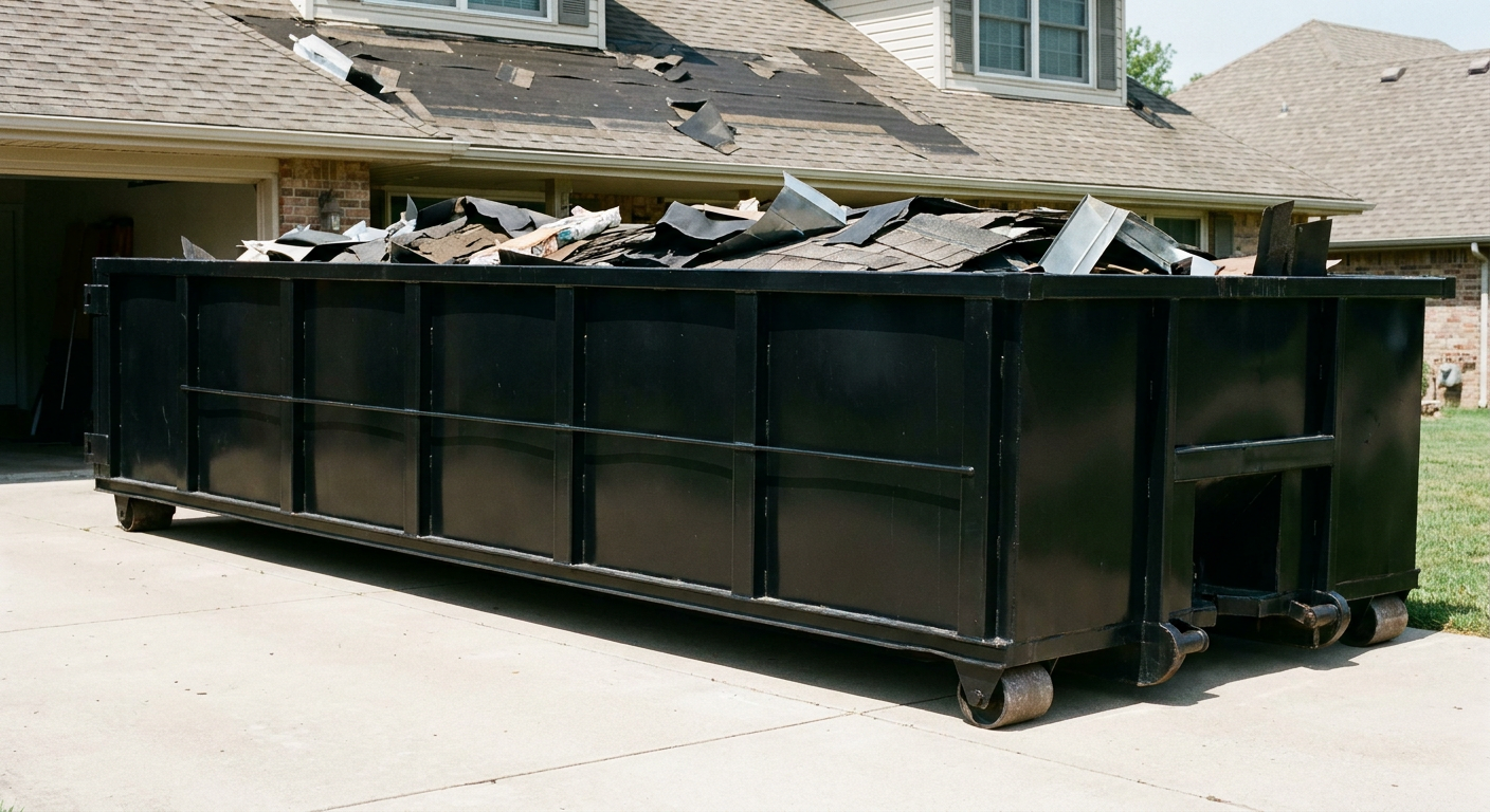 Matte-black 20-yard roofing roll-off dumpster with steel ribbed sides and swinging rear door, sitting directly on the concrete driveway of a two-story Peyton home, asphalt shingle debris being loaded over the low wall, clean documentary lighting.