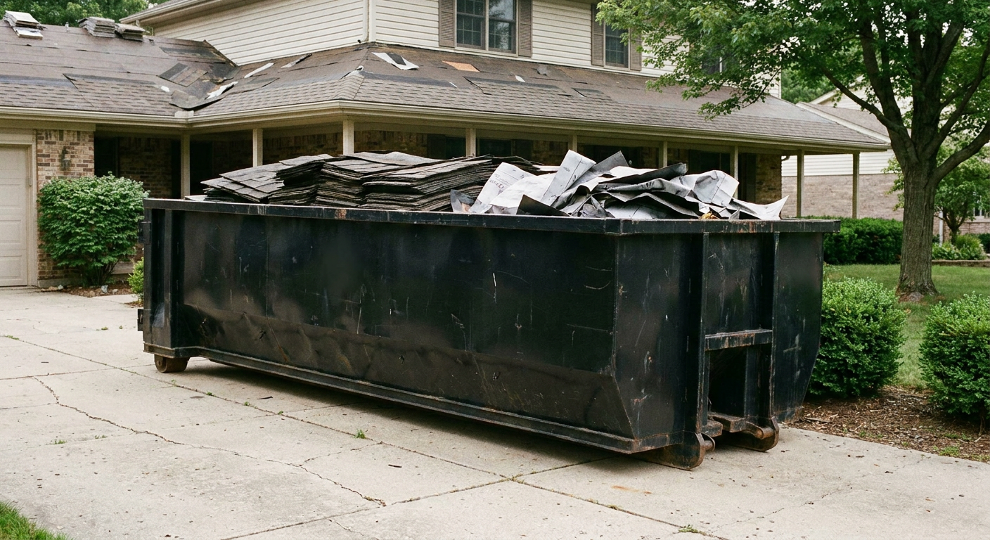 Matte-black 30-yard roofing roll-off dumpster sitting directly on a Peyton concrete driveway, taller ribbed steel side panels, mixed tear-off debris of asphalt shingles and underlayment inside, professional documentary daylight.