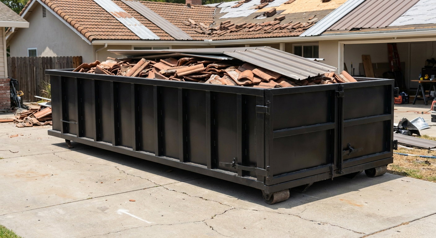 Matte-black low-wall heavy-debris roofing roll-off dumpster sitting directly on a Peyton concrete driveway, broken concrete clay roof tiles and metal panel sections loaded inside, reinforced ribbed steel side walls visible, bright outdoor daylight.