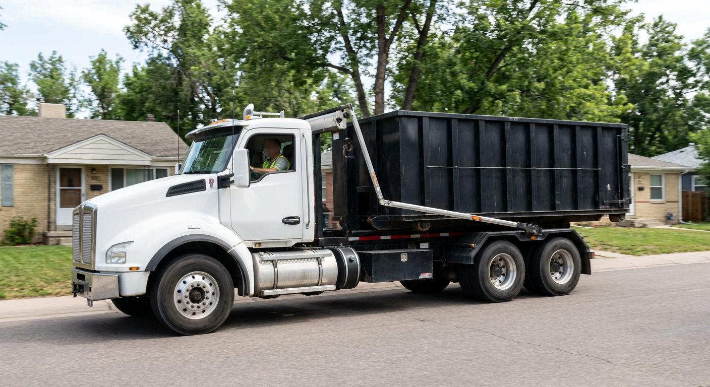 A wide documentary shot of a matte-black roll-off delivery truck pulling onto a quiet Peyton residential street at mid-morning, with neighborhood rooftops and tree-lined blocks visible behind, showing the metro coverage footprint.
