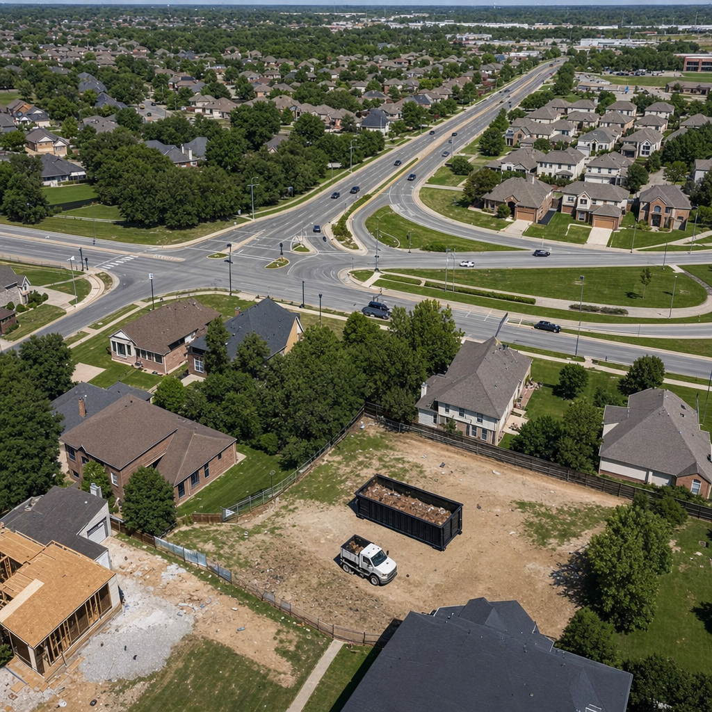 An overhead documentary view of the Peyton metro area at midday, showing the spread of neighborhoods, arterial roads, and the dispatch radius from a central yard — clean daylight, organized geographic layout.