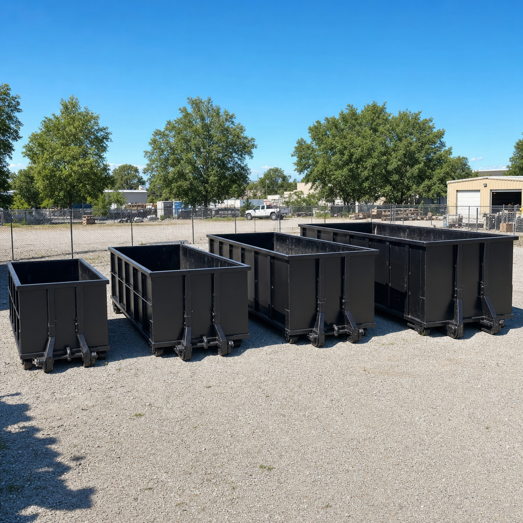 A clean lineup of matte-black roll-off dumpsters in 10, 20, 30, and 40-yard sizes staged on a sunlit gravel yard in Peyton, showing the size progression from compact to commercial-scale containers.