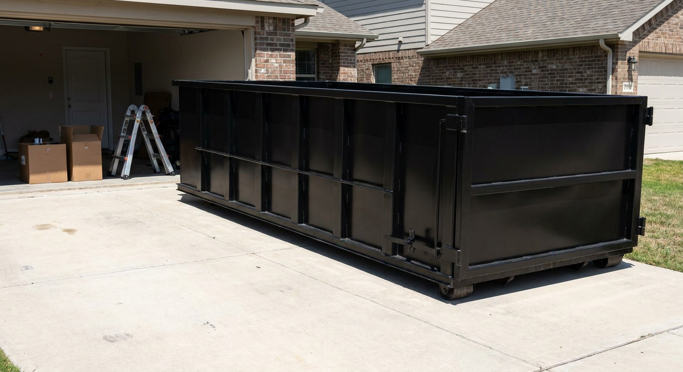 A matte-black 10-yard roll-off dumpster sitting directly on a residential Peyton concrete driveway, mid-day sunlight, clean and ready for a garage cleanout.