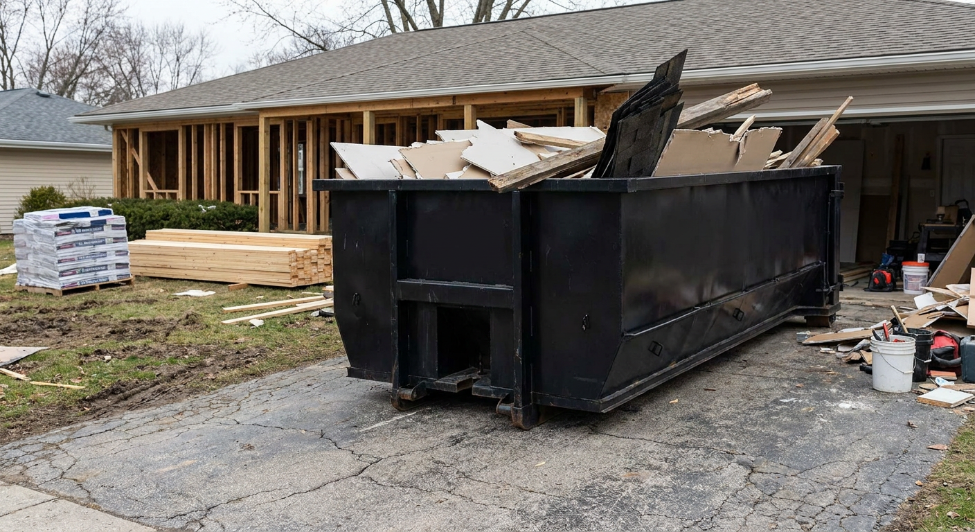A matte-black 20-yard roll-off dumpster placed alongside a mid-renovation Peyton home directly on the asphalt driveway, with framing materials and torn-off shingles staged neatly nearby.