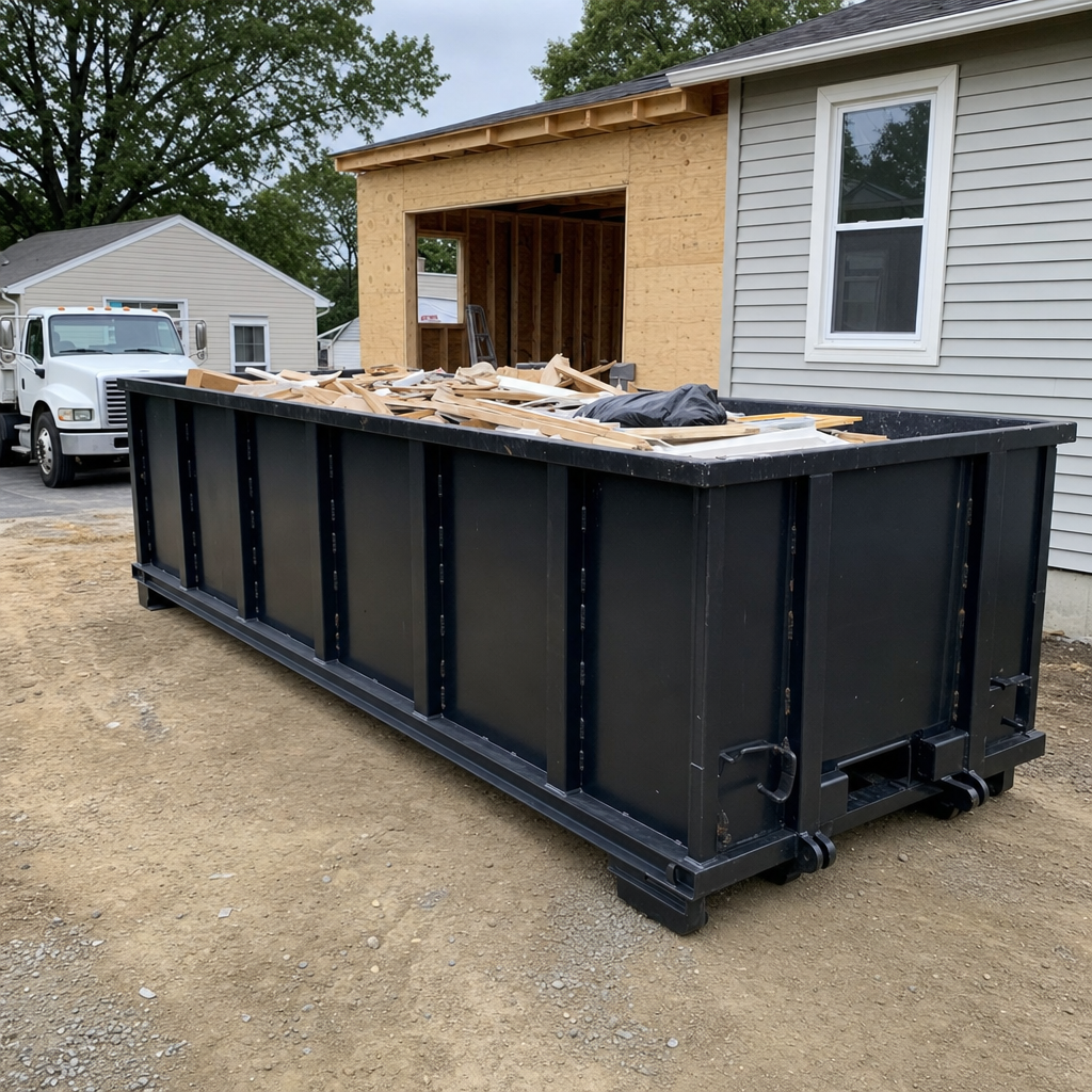 A matte-black 30-yard roll-off dumpster positioned at a Peyton residential addition jobsite, with framing lumber and drywall scraps loaded through the open swinging rear doors.