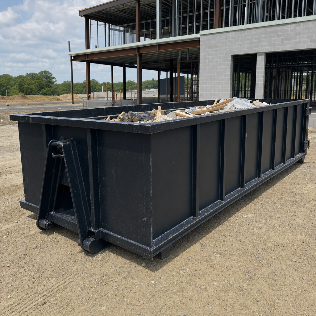 A matte-black 40-yard roll-off dumpster staged on a large Peyton commercial construction lot, with a hooklift delivery truck parked alongside under bright midday sky.