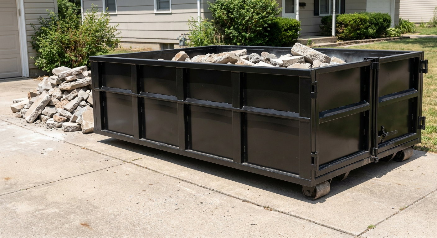 A matte-black low-side heavy-debris roll-off dumpster placed directly on a Peyton concrete driveway, with broken concrete chunks neatly stacked beside it under clean daylight.